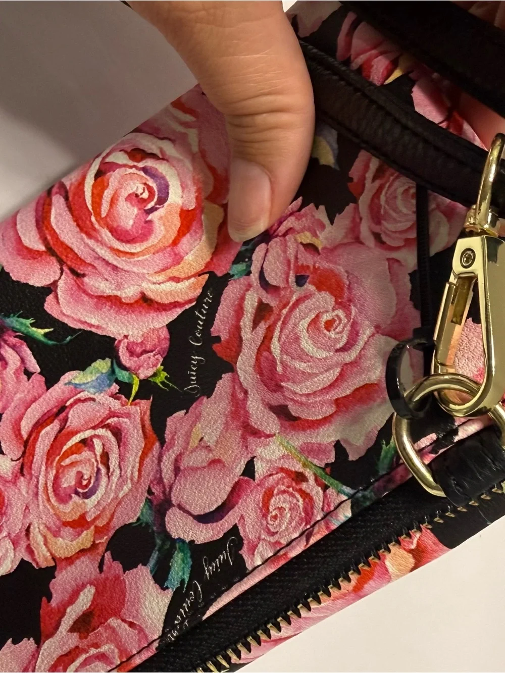 Juicy Couture Pink Rose Print Crossbody with Black Trim